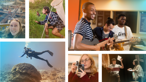 Collage of students: one scuba diving, a student band, a student in a European city, a student with a butterfly net, a student with a device attached to a cell phone, and two students rehearsing a play
