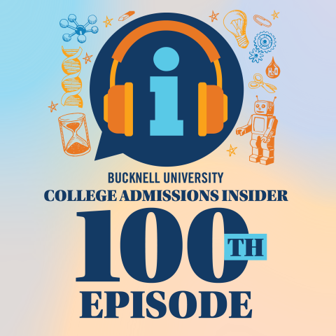 Admissions insider podcast 100th episode poster of orange headphones inside a blue comment bubble. Text reads Bucknell University College Admissions Insider 100th Episode
