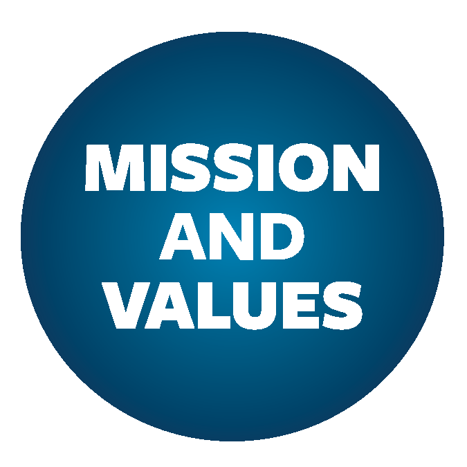 blue circle surrounding the words "mission and values"