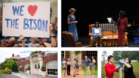 A collage of images shows Bucknell&#039;s campus, a &quot;We heart the Bison&quot; sign, a Bucknell play, a campus tour and students planting a tree