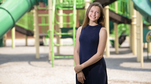 Brooke Ewer '24, a biomedical engineering major at Bucknell University is examining how building playgrounds on different types of surfaces can contribute to or help minimize injuries.