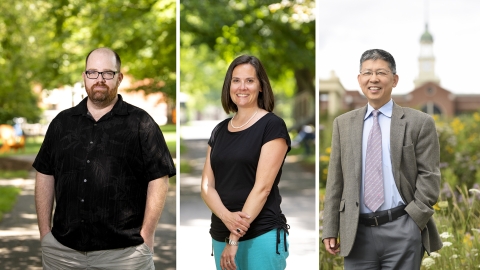 Portraits of faculty Nathan Ryan, Lara Dick, and Zhiqun Zhu