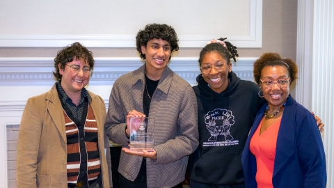 Social Justice Lunch Seminar organizers Professor Chase Gregory, English; Nikash Kale &#039;25; and Ninah Jackson &#039;25 with Vernese Edghill-Walden &#039;87, vice president of equity &amp; inclusive excellence. Photo by Devin Whalen ’22, M’24