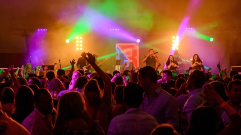 A band performs in front of the crowd at Bison Blast