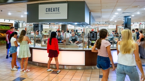 Interior of Bostwick Dining Hall with students during lunch