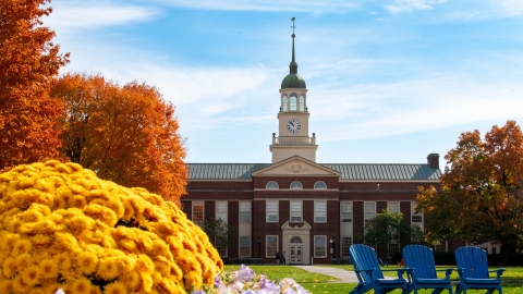 Fall Campus Beauty, Bertrand Library with Fall Mums