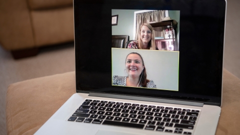A laptop showing a video call between Missy Gutkowski, director of the Center for Experiential Learning in the Freeman College of Management, and Tara Lahey &#039;22.