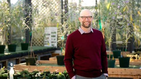 Portrait of Chris Martine inside of the Rooke Science greenhouse