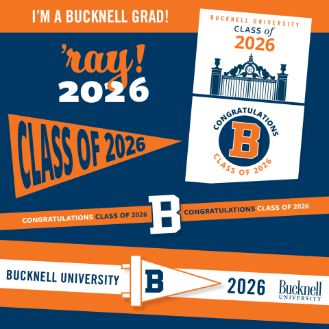 Blue, orange, and white collage of Commencement 2025 printable items: a yard sign, a pendant, a drink wrapper, buffet sign and food topper