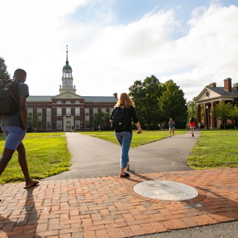 Two students walking on Malesardi Quad at Bucknell University