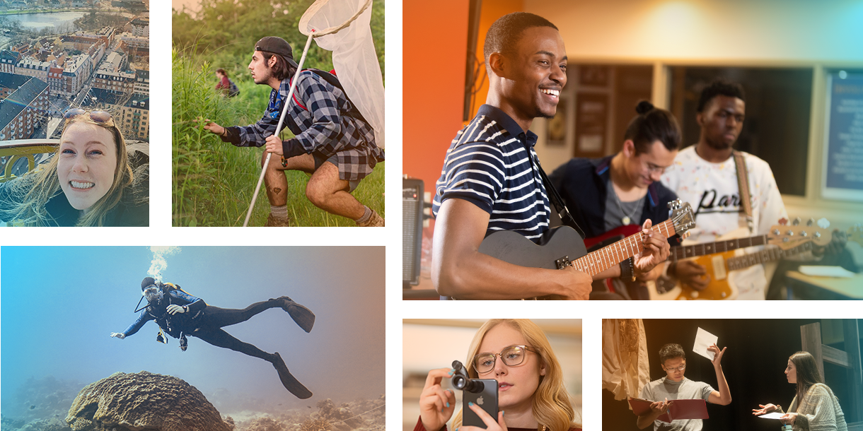 Collage of students: one scuba diving, a student band, a student in a European city, a student with a butterfly net, a student with a device attached to a cell phone, and two students rehearsing a play