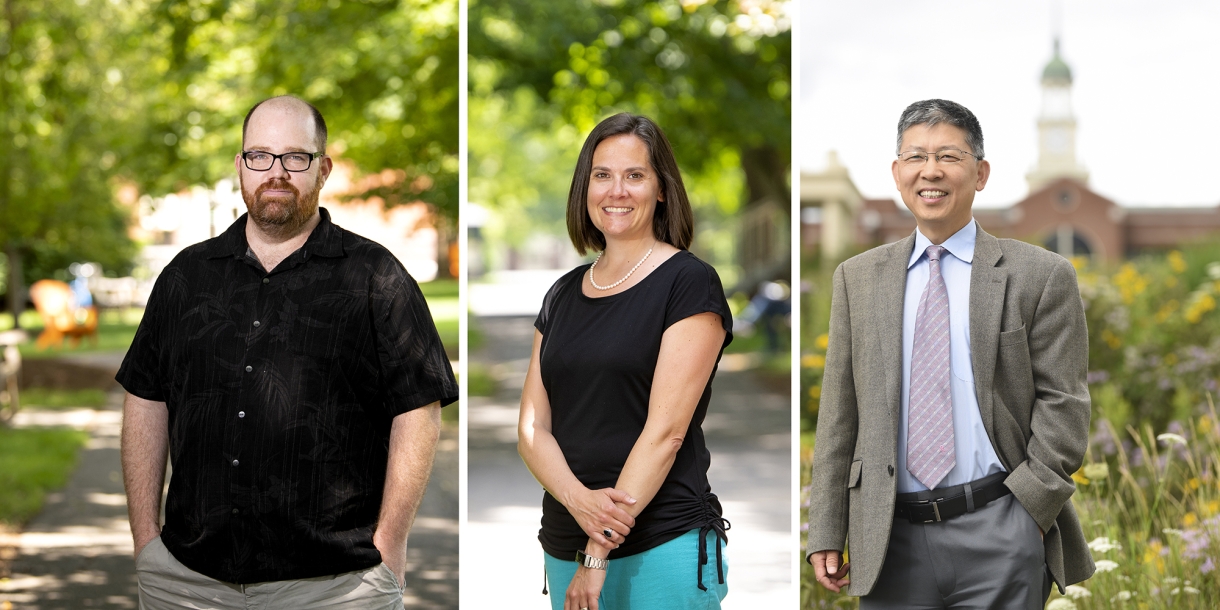 Portraits of faculty Nathan Ryan, Lara Dick, and Zhiqun Zhu