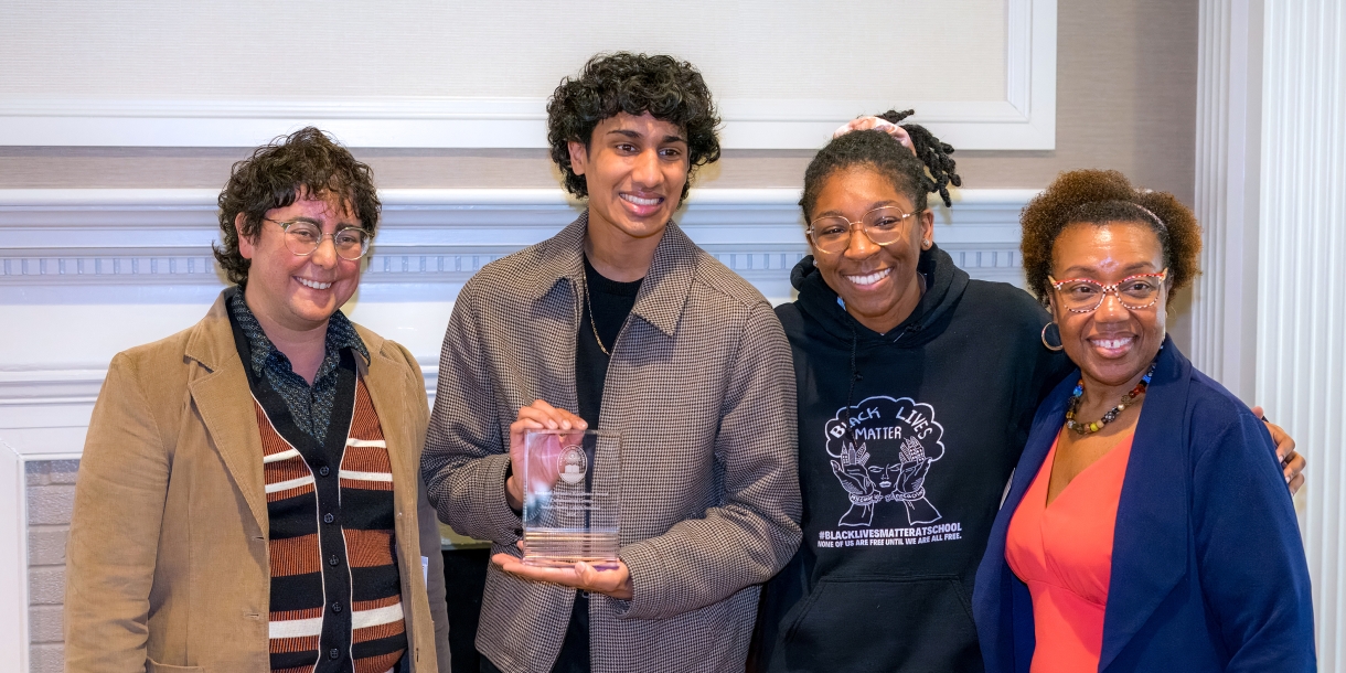 Social Justice Lunch Seminar organizers Professor Chase Gregory, English; Nikash Kale &#039;25; and Ninah Jackson &#039;25 with Vernese Edghill-Walden &#039;87, vice president of equity &amp; inclusive excellence. Photo by Devin Whalen ’22, M’24