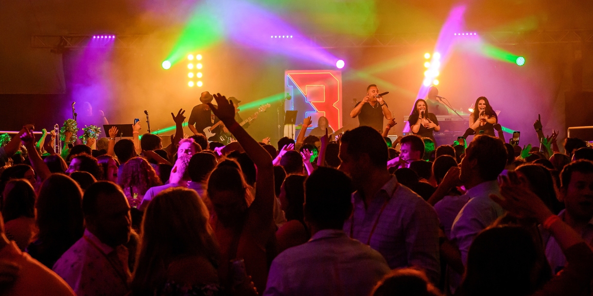 A band performs in front of the crowd at Bison Blast