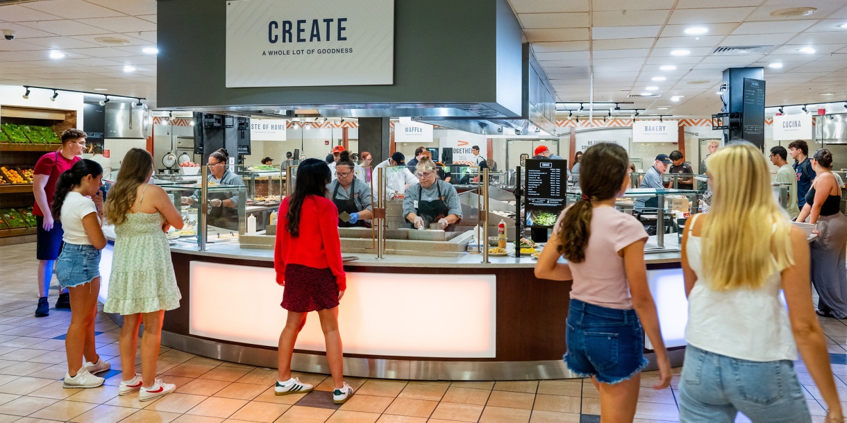 Interior of Bostwick Dining Hall with students during lunch