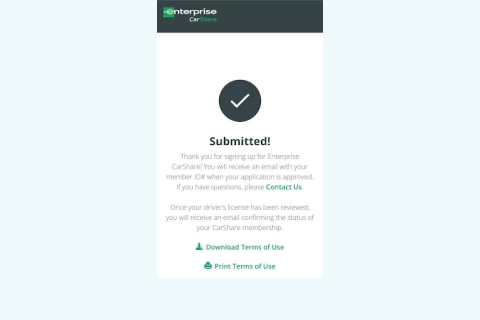 enterprise carshare account submitted application screen