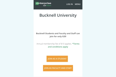 Enterprise CarShare application screen join as student or join as employee button options.