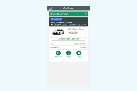 Enterprise CarShare application screen showing a current reservation