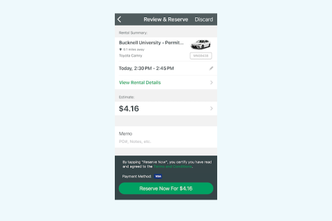 Enterprise CarShare Reserve Now application screen with vehicle and reservation details and the option to complete reservation booking.