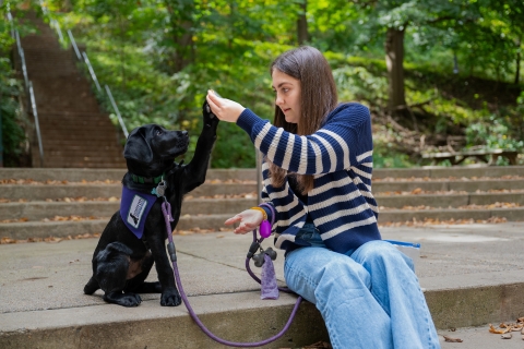 Emma Feld raises her hand up and meets the paw of Martin, a black Labrador.