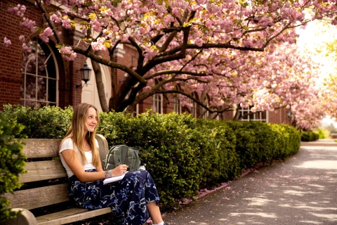 Marlee Olsson sits beneath blooming cherry blossoms while writing in a notebook. 