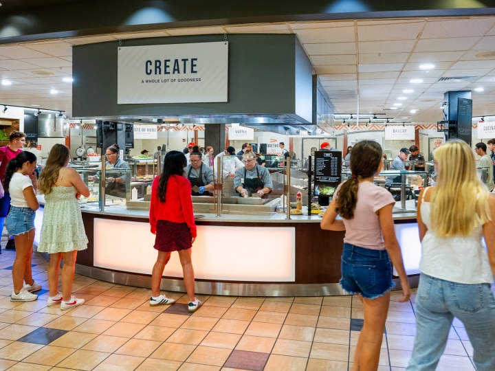 Interior of Bostwick Dining Hall with students during lunch