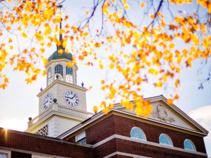 View of the clock tower on Bertrand Library at Bucknell University.