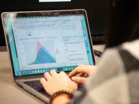 A student's hands are seen in the keyboard of a laptop showing a graph.