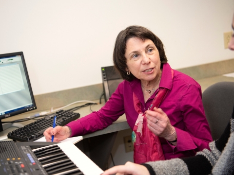 Andrea Halpern in cognition research lab