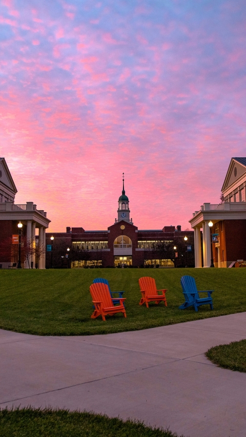 Sunset behind Academic West, Bertrand Library, and Academic East