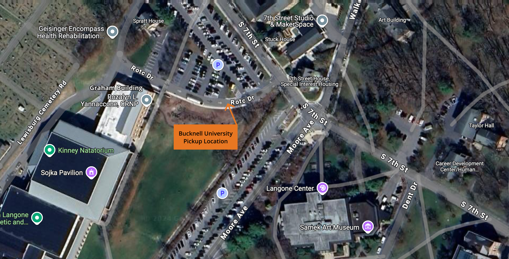 Aerial map of the bucknell shuttle pickup location on ROTC dr near the Graham Building. 