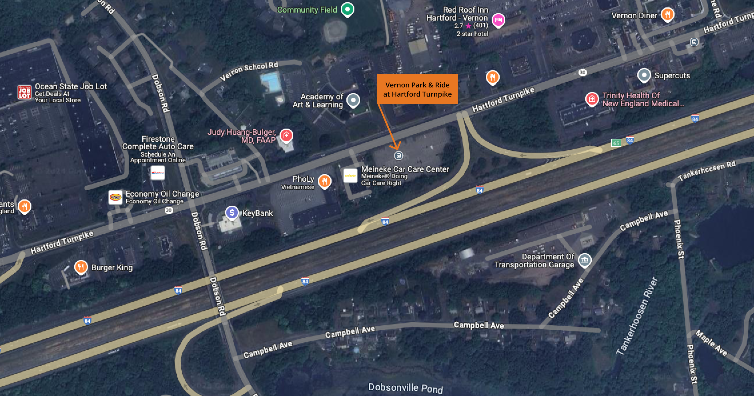 aerial map showing the location of the shuttle stop at the Vernon park and ride in Vernon, CT. 