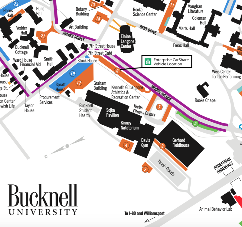 A map of campus showing buildings and parking lots with a callout for the Enterprise CarShare vehicle location in lot number 9 near the downhill entrance to the Elaine Langone Center