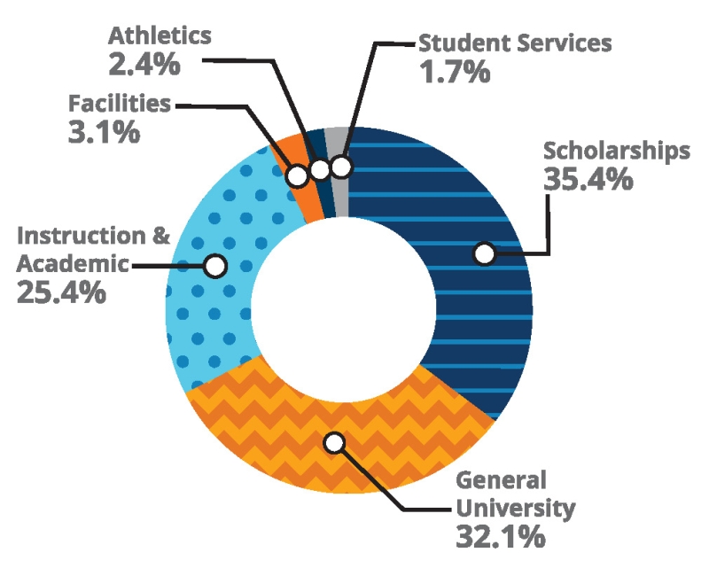 A pie chart illustrates the categorization of Bucknell’s endowment. Thirty two point five percent of funds support general university operations, thirty five point one two percent are designated for scholarships, and twenty five point four percent support instruction and academics. Three point one percent of the endowment is used to support facilities, two point three eight percent supports athletics, and one point six five percent supports student services.