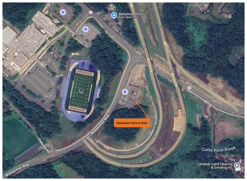 aerial map showing the location of the Newtown Park & Ride. Student transportation shuttle stop is in the park and ride parking lot