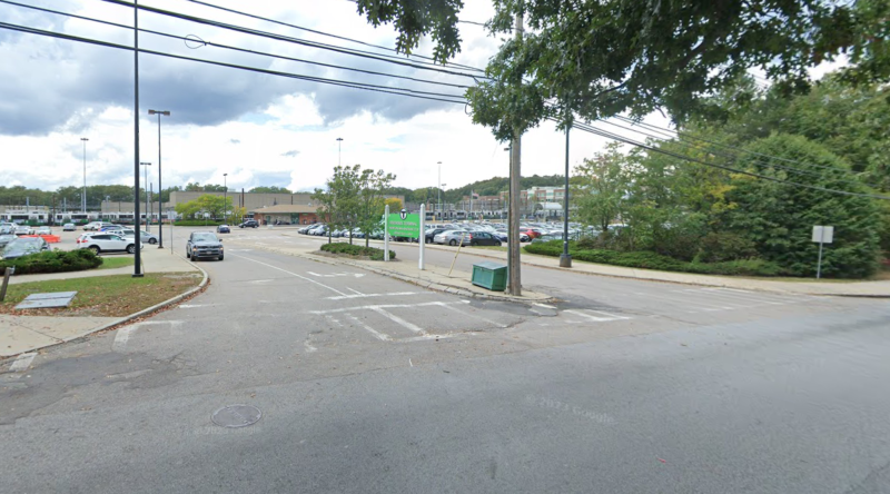 Street view of the entrance to the Riverside MTBA shuttle stop area