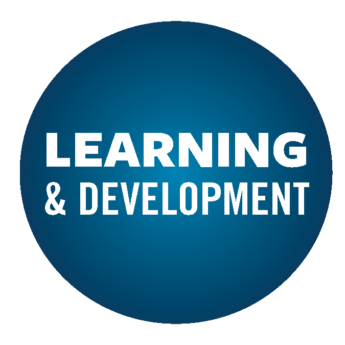 blue circle surrounding the words "learning and development"